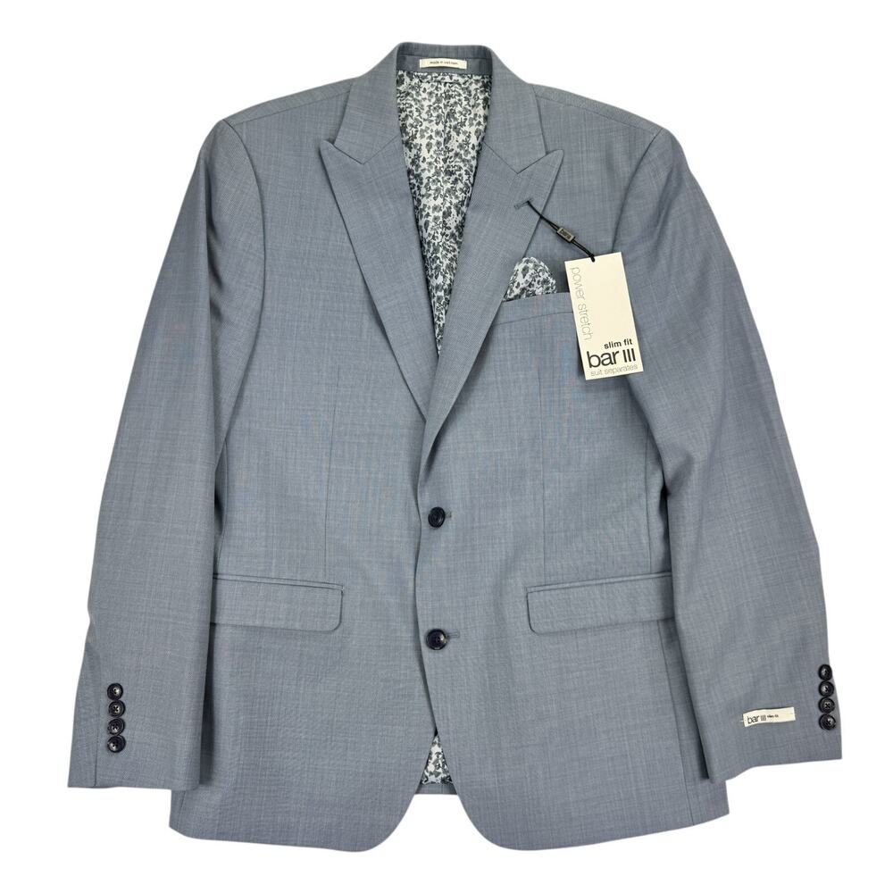Bar III Mens Slim Fit Wool Sharkskin Power Stretch Suit Jacket Blue 40R